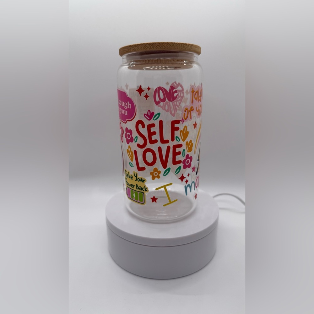 Self Love Glass Cup | 16oz Libbey Glass Can w Lid & Straw